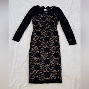 Premier Amour Size 4 Long Sleeve Black Lace Illusion Dress with Nude Lining.
